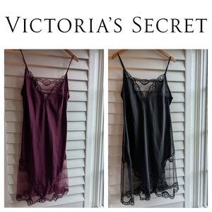 Victoria's Secret Women's Lace Trim Slip Dress - Black and Burgundy